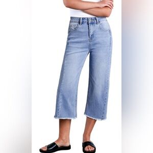 Sidefeel Women's Capri Jeans High Waisted Wide Leg Stretchy Raw Hem Denim Pants